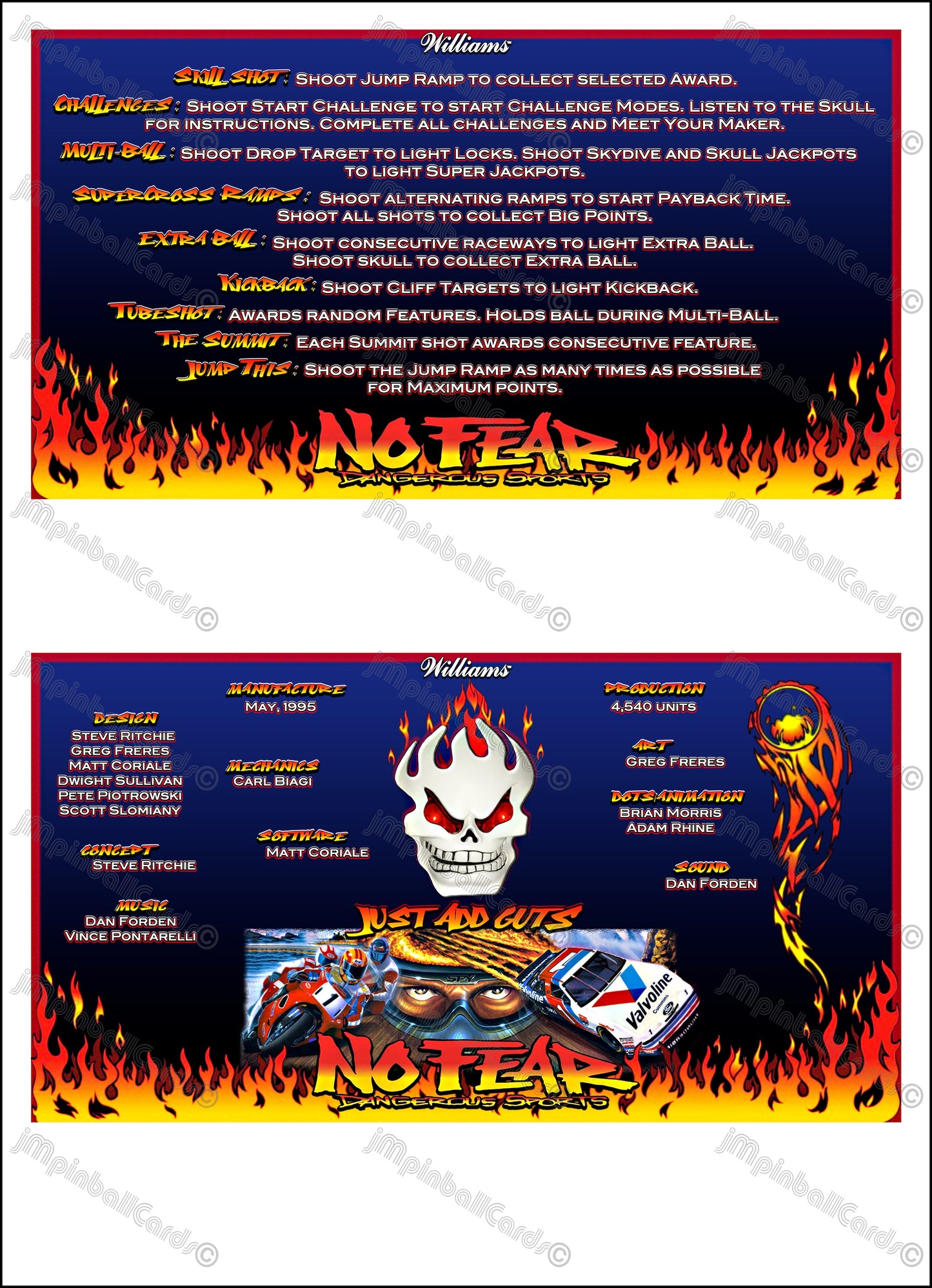 Instrucciones de las tarjetas del juego Williams No Fear Dangerous Sports 1995, delantal personalizado de pinball, reglas impresas