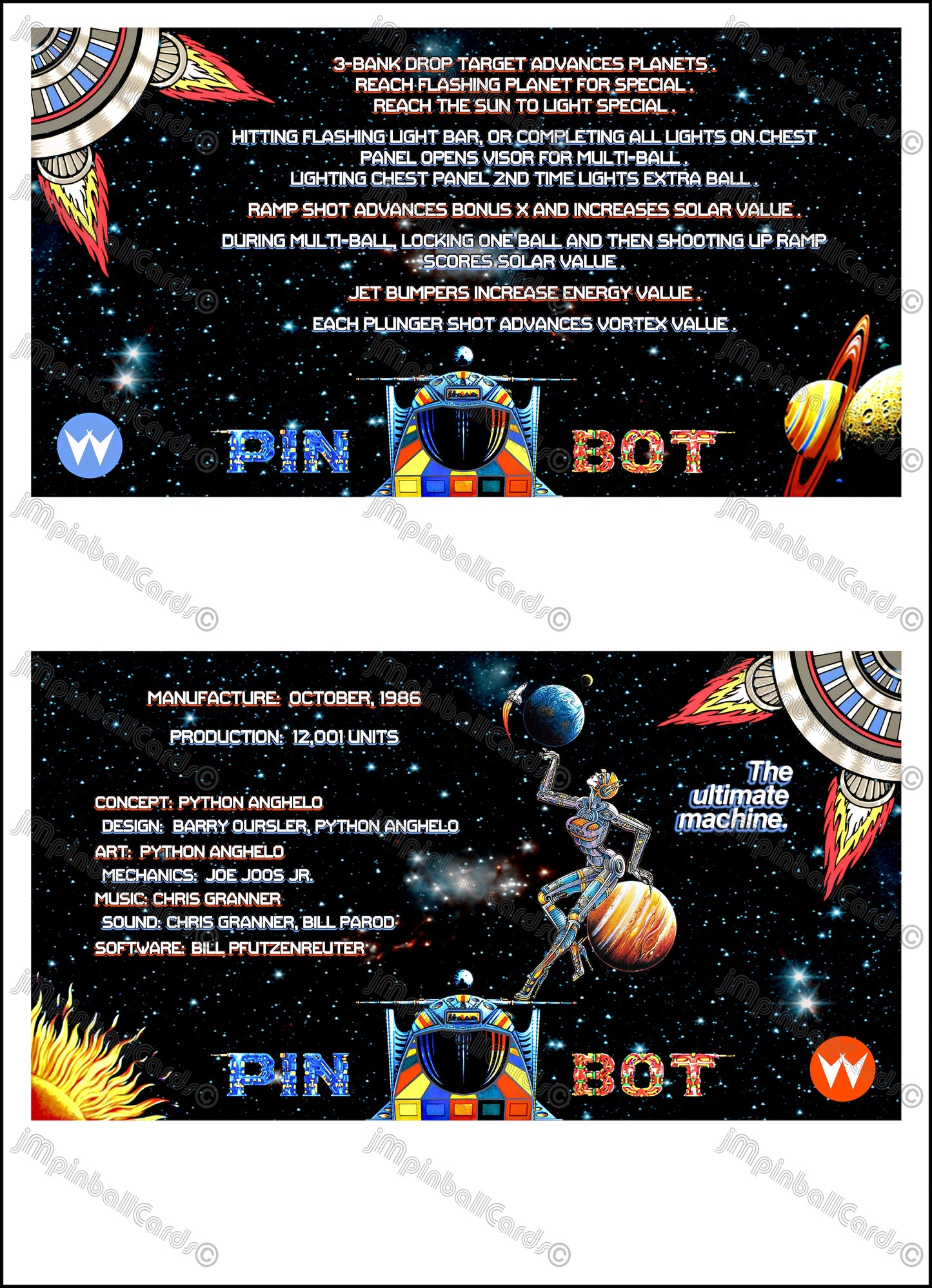Instrucciones de las tarjetas de juego Williams Pinbot 1986, delantal personalizado de pinball, reglas impresas