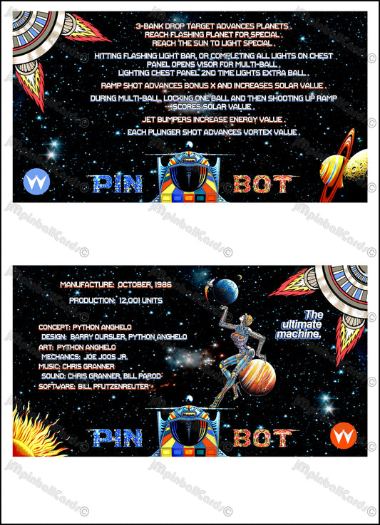 Instrucciones de las tarjetas de juego Williams Pinbot 1986, delantal personalizado de pinball, reglas impresas