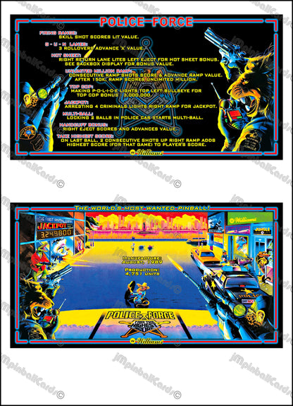 Williams Police Force 1989 Jeu Cartes Instructions Flipper Custom Apron règles imprimées