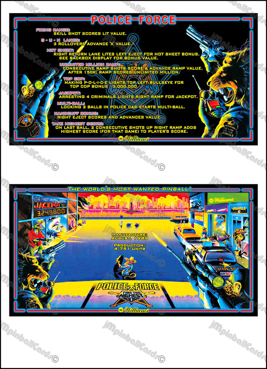 Williams Police Force 1989 Jeu Cartes Instructions Flipper Custom Apron règles imprimées