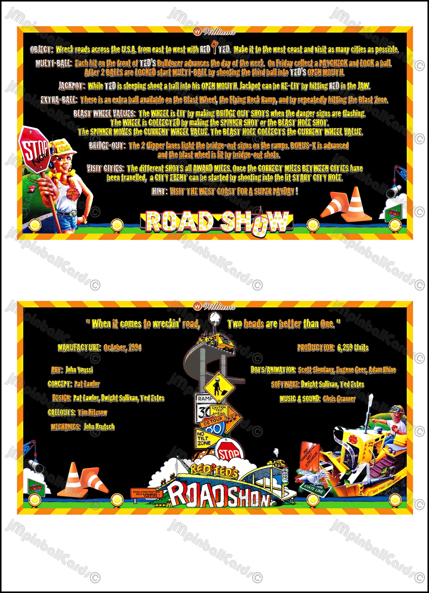 Williams ROAD SHOW RED &amp; TED 1994 Tarjetas de juego Instrucciones Pinball Delantal personalizado Reglas impresas ROADSHOW
