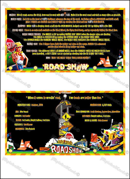 Williams ROAD SHOW RED &amp; TED 1994 Tarjetas de juego Instrucciones Pinball Delantal personalizado Reglas impresas ROADSHOW