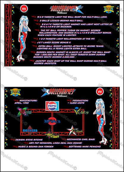 Instrucciones del juego de cartas Williams Rollergames 1990 Pinball Delantal personalizado con reglas impresas