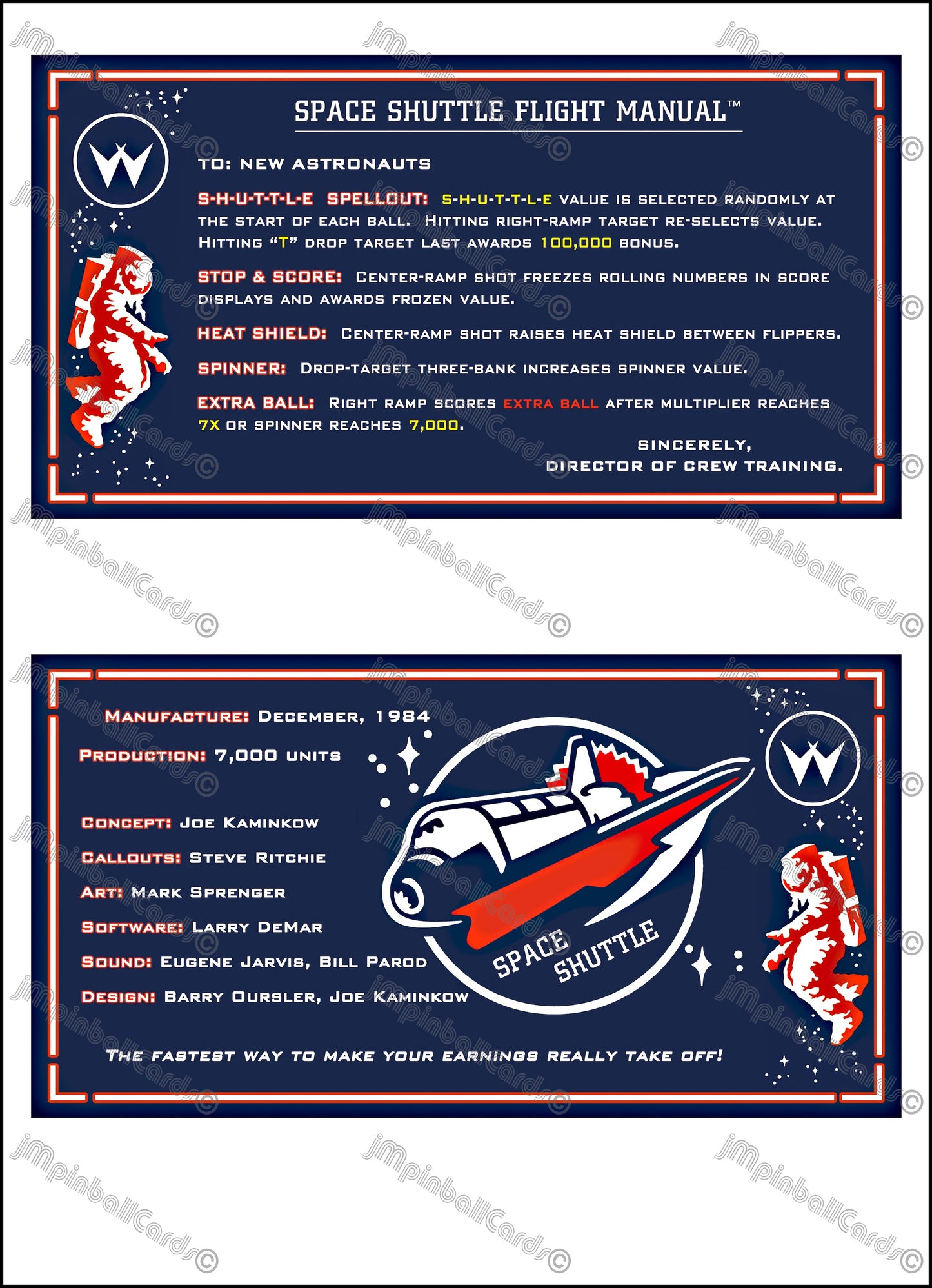 Instrucciones de las tarjetas del juego Williams Space Shuttle 1984, delantal personalizado de pinball, reglas impresas