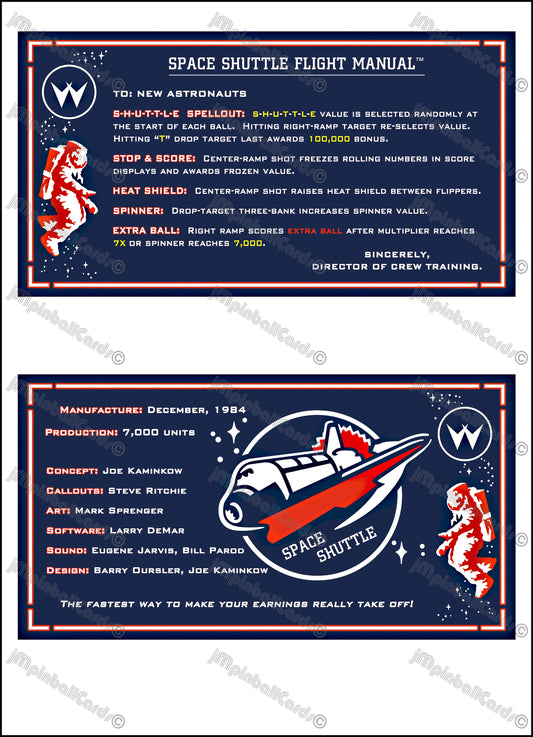 Instrucciones de las tarjetas del juego Williams Space Shuttle 1984, delantal personalizado de pinball, reglas impresas