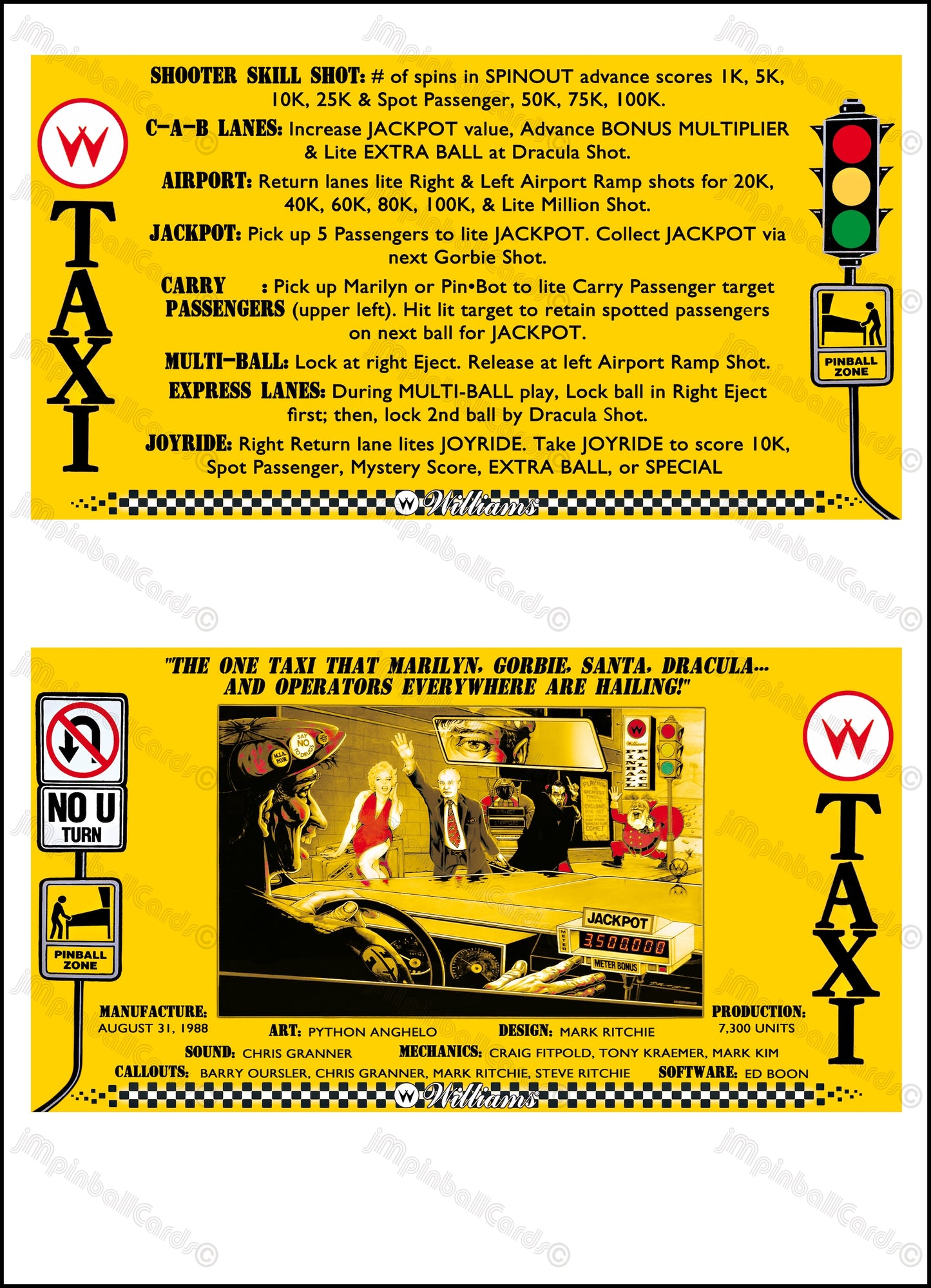 Instrucciones de las tarjetas del juego Williams Taxi 1988, delantal personalizado de pinball, reglas impresas