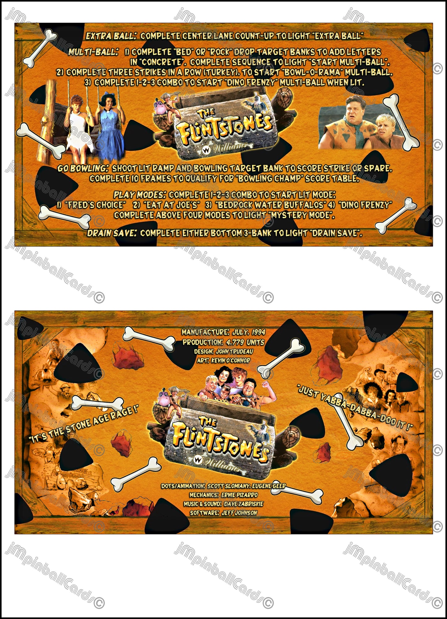 Instrucciones de las tarjetas del juego de pinball de Los Picapiedra (1994) de Williams, delantal personalizado, reglas impresas (V1)