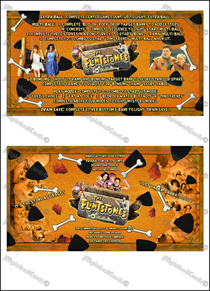 Williams The Flintstones 1994 Game Cards Instructions Pinball Custom Apron Printed Rules V1