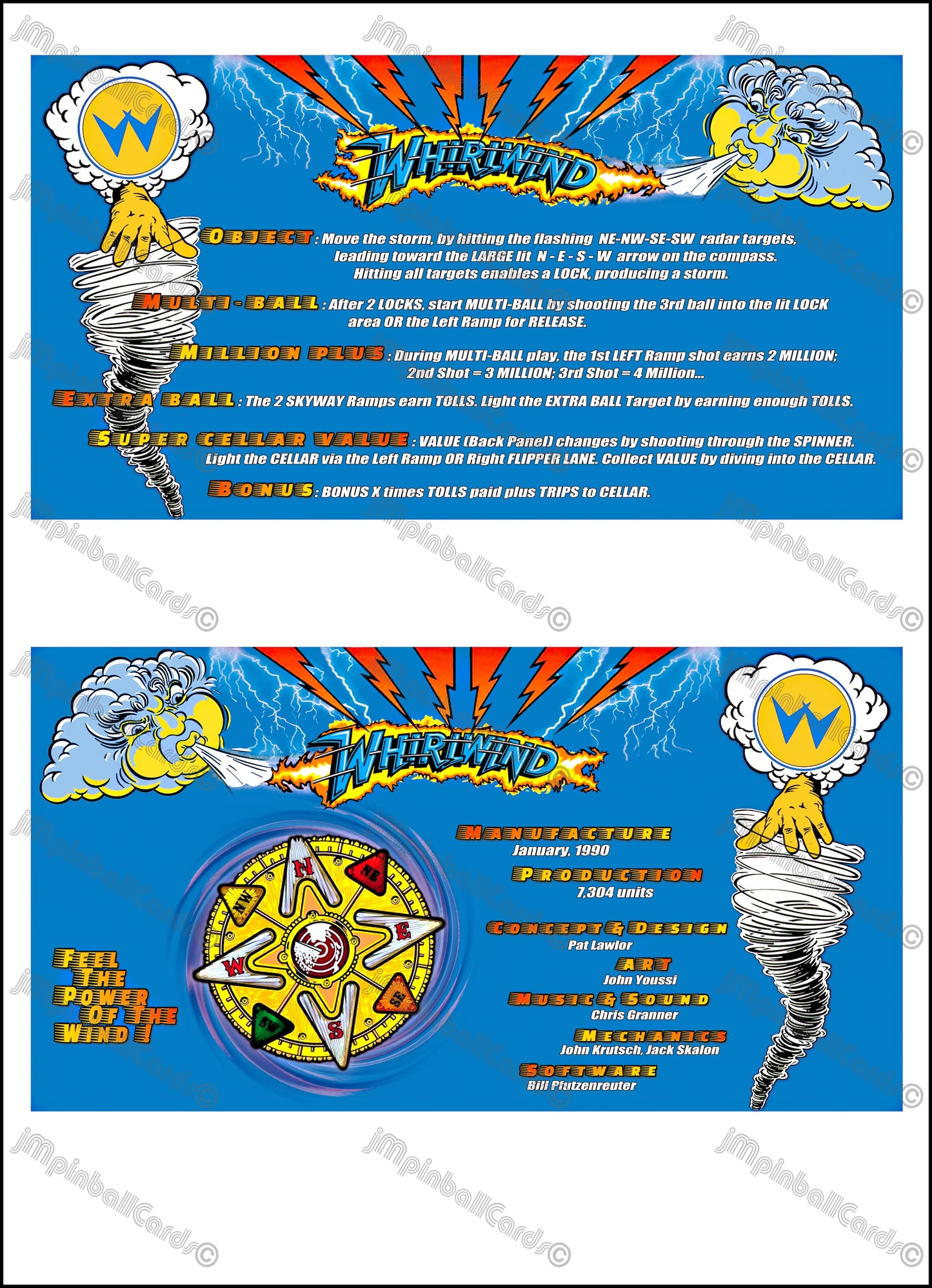 Instrucciones de las tarjetas del juego Williams Whirlwind 1990, máquina de pinball, delantal personalizado, reglas impresas