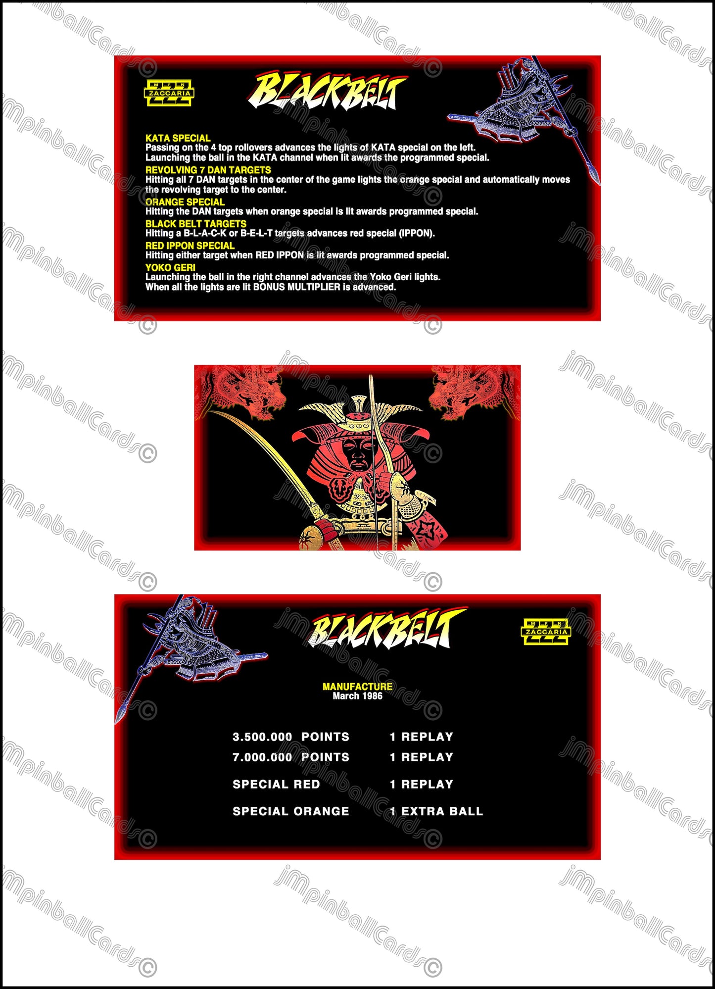 Zaccaria Blackbelt 1986 Set Cards Instructions Flipper Custom Apron Printed Rules