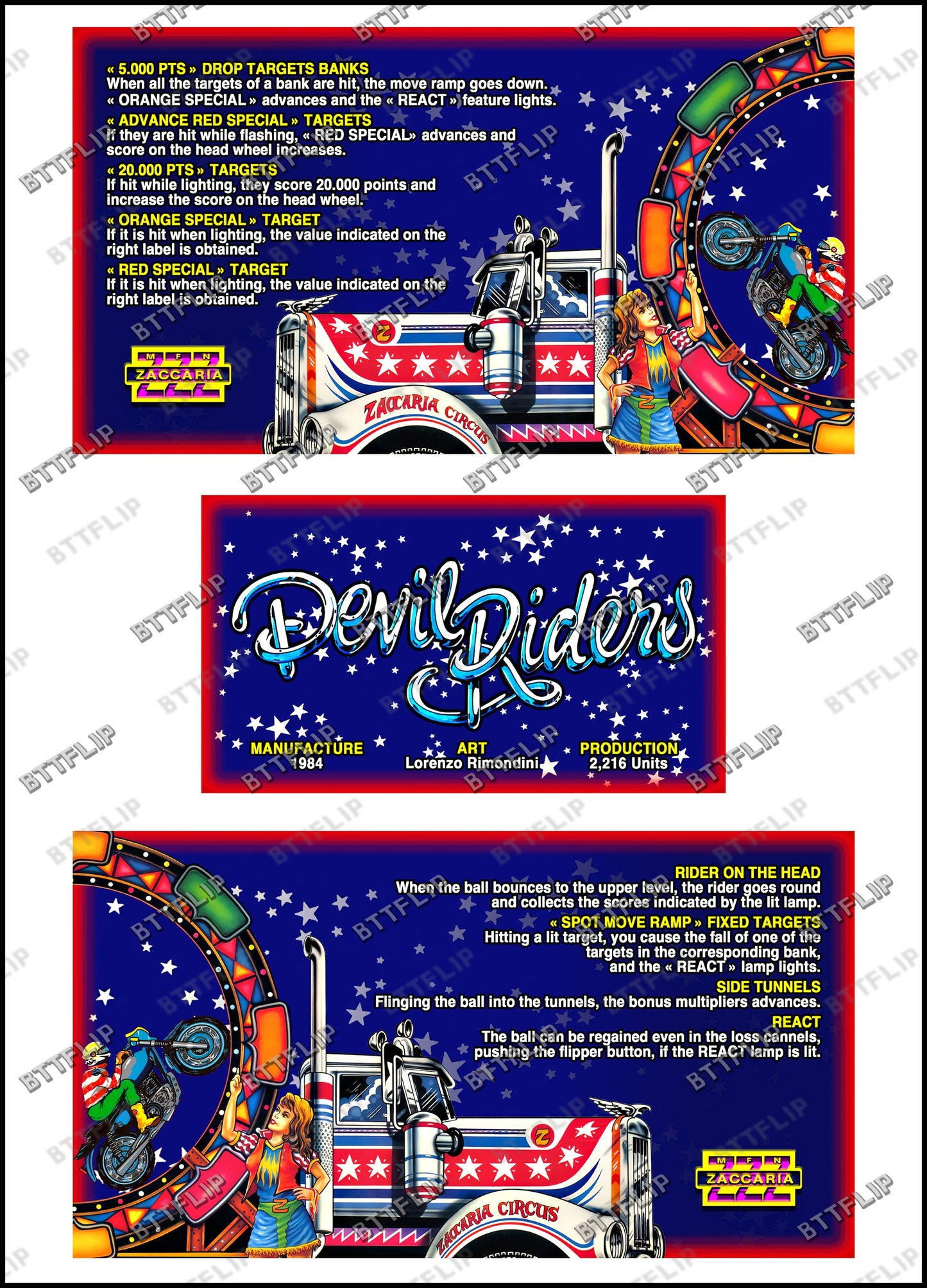Zaccaria DEVIL RIDERS 1984 Set Cartes Instructions Flipper Custom Apron règles imprimées