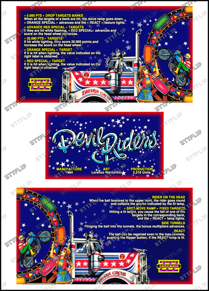 Zaccaria DEVIL RIDERS 1984 Set Cartes Instructions Flipper Custom Apron règles imprimées