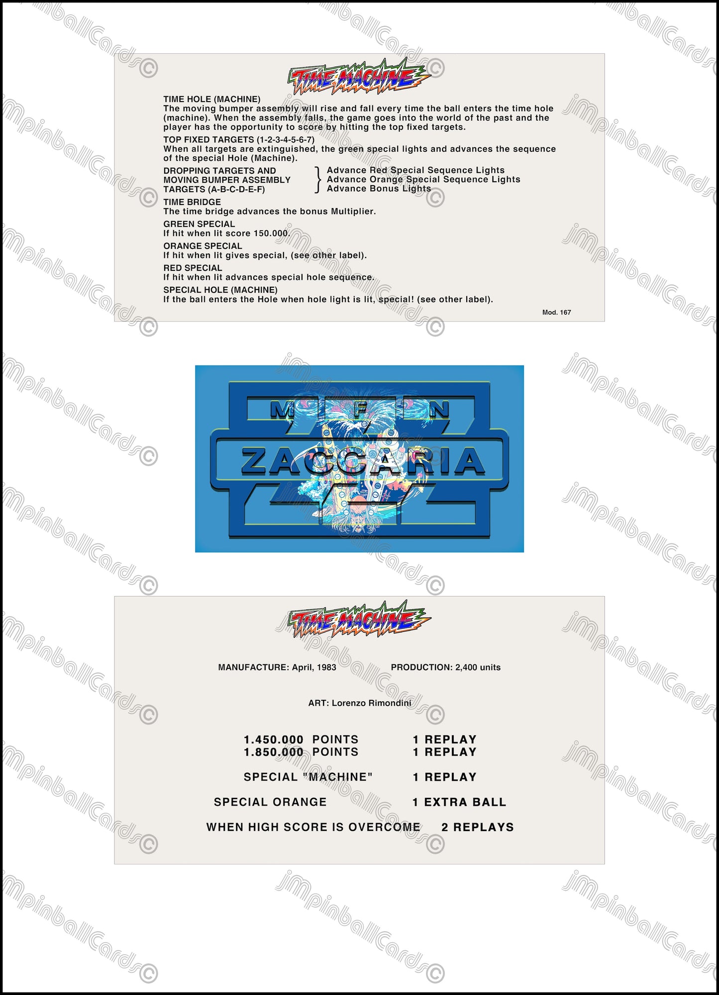 Máquina del Tiempo de Zaccaria 1983 Set Tarjetas Instrucciones Flipper Delantal Personalizado Reglas Impresas