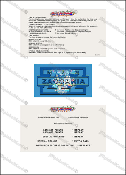 Zaccaria Time Machine 1983 Set Cards Instructions Flipper Custom Apron Printed Rules