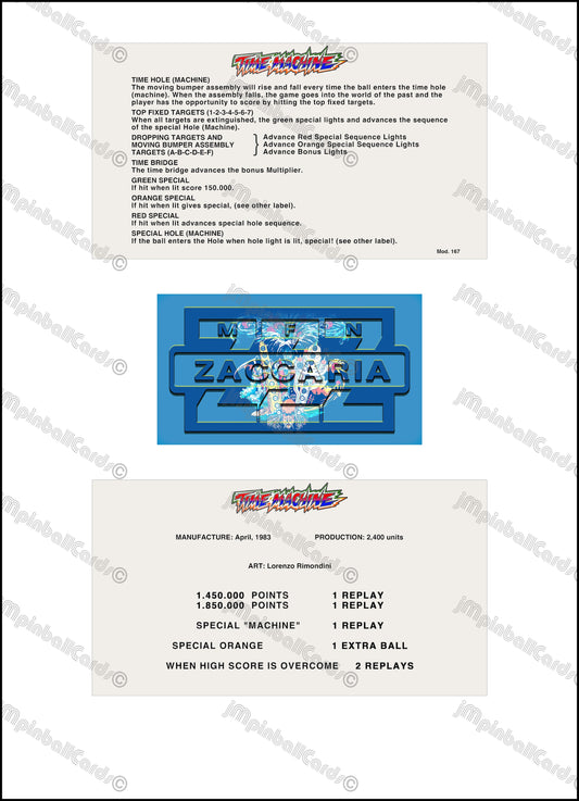 Zaccaria Time Machine 1983 Set Cartes Instructions Flipper Custom Apron règles imprimées
