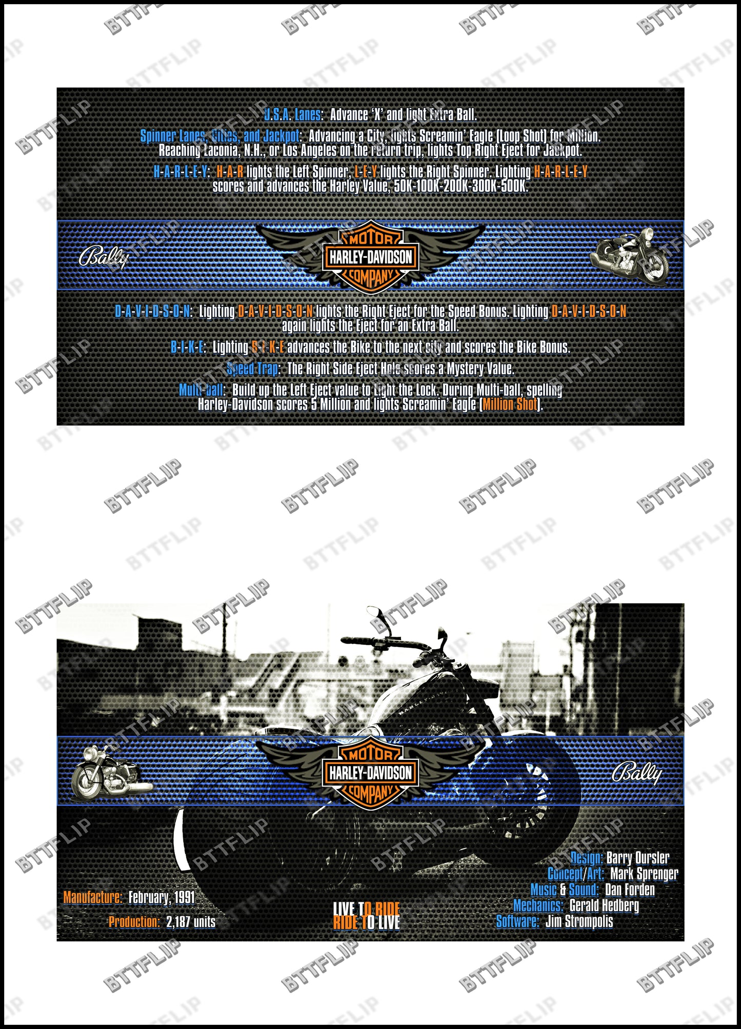 Bally Harley Davidson 1991 Juego Cartas reglas Instrucciones Pinball Custom Delantal
