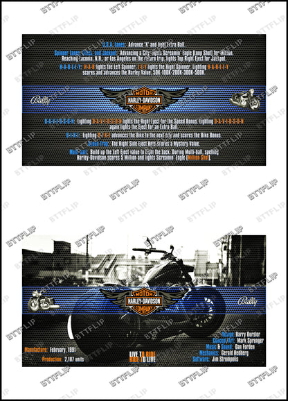 Bally Harley Davidson 1991 Juego Cartas reglas Instrucciones Pinball Custom Delantal