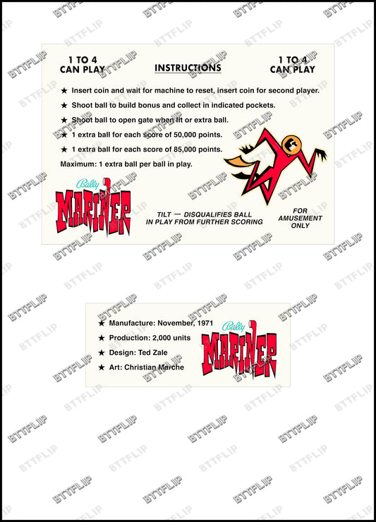 Bally Mariner 1971 Jeu Cartes règles Instructions Flipper Custom Apron