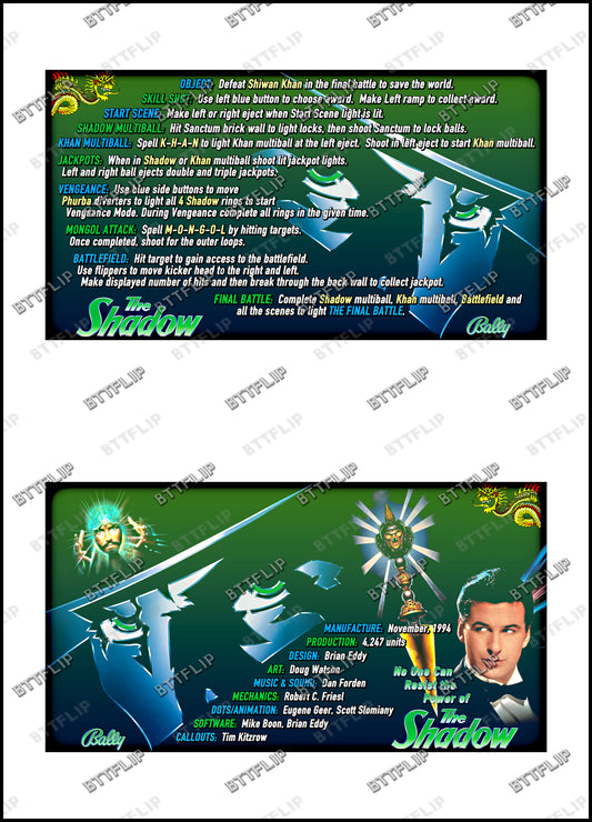 Bally The Shadow 1994 Jeu Cartes règles Instructions Flipper Custom Apron