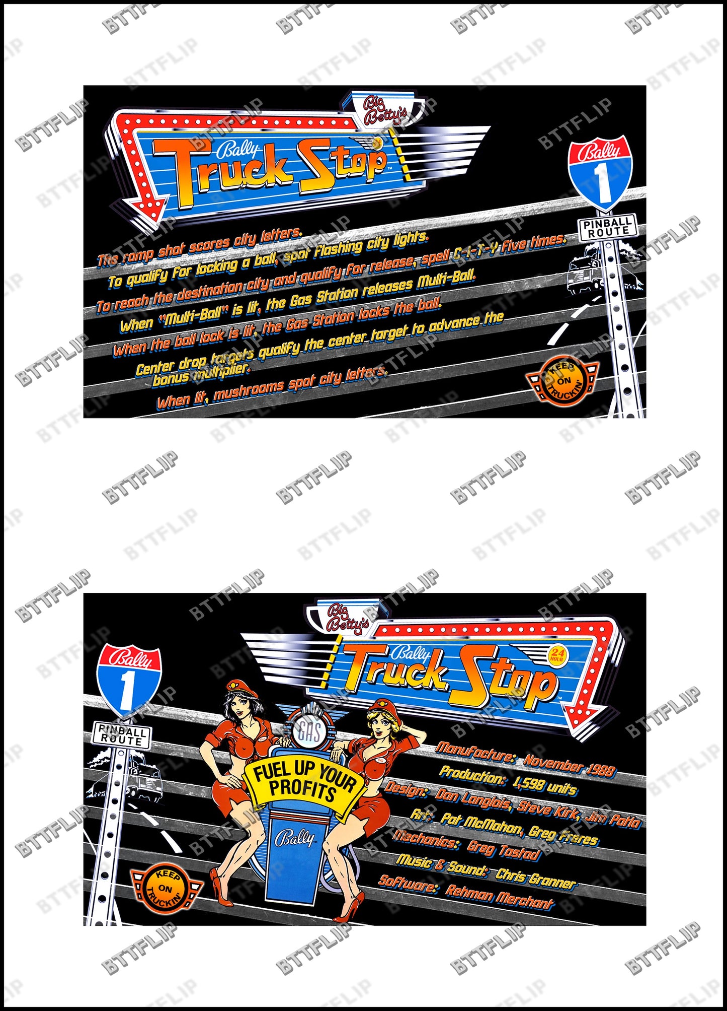 Bally Truck Stop 1988 Pinball Game Cards Rules Instructions Custom Apron