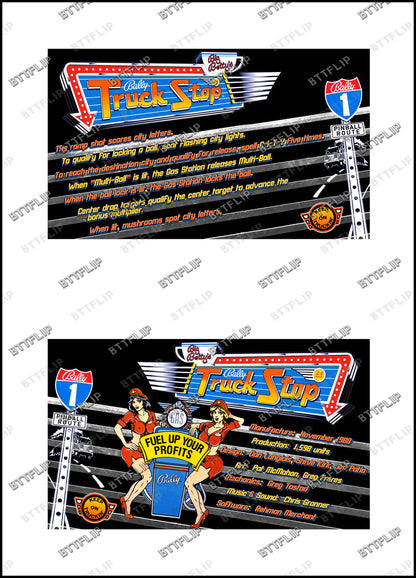 Bally Truck Stop 1988 Pinball Game Cards Rules Instructions Custom Apron
