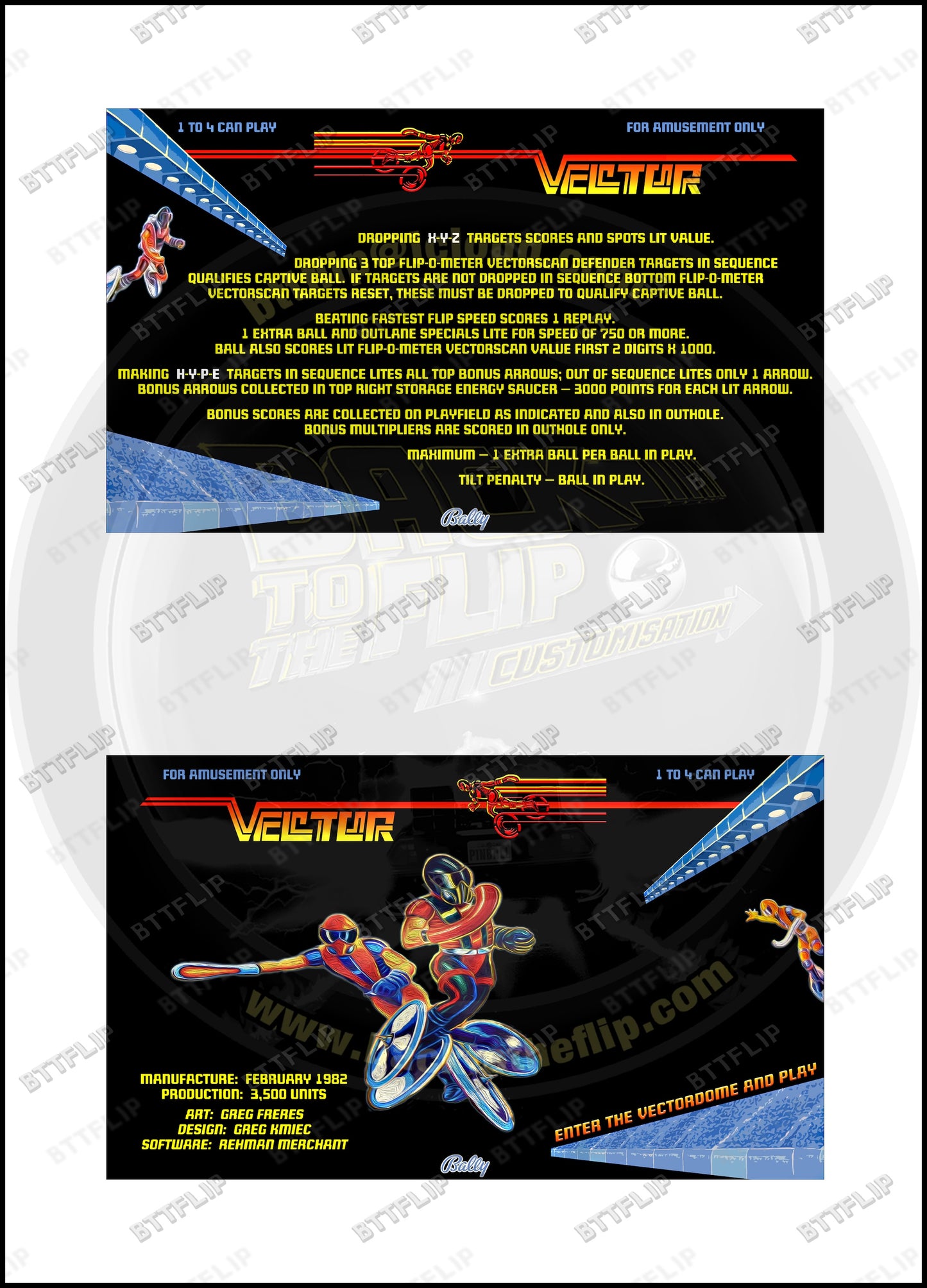 Instruction cards custom apron flipper Bally Vector 1982 (set of 2)