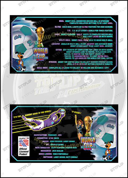 Bally World Cup Soccer USA 1994 BK Game Cards Rules Instructions Pinball Custom Apron
