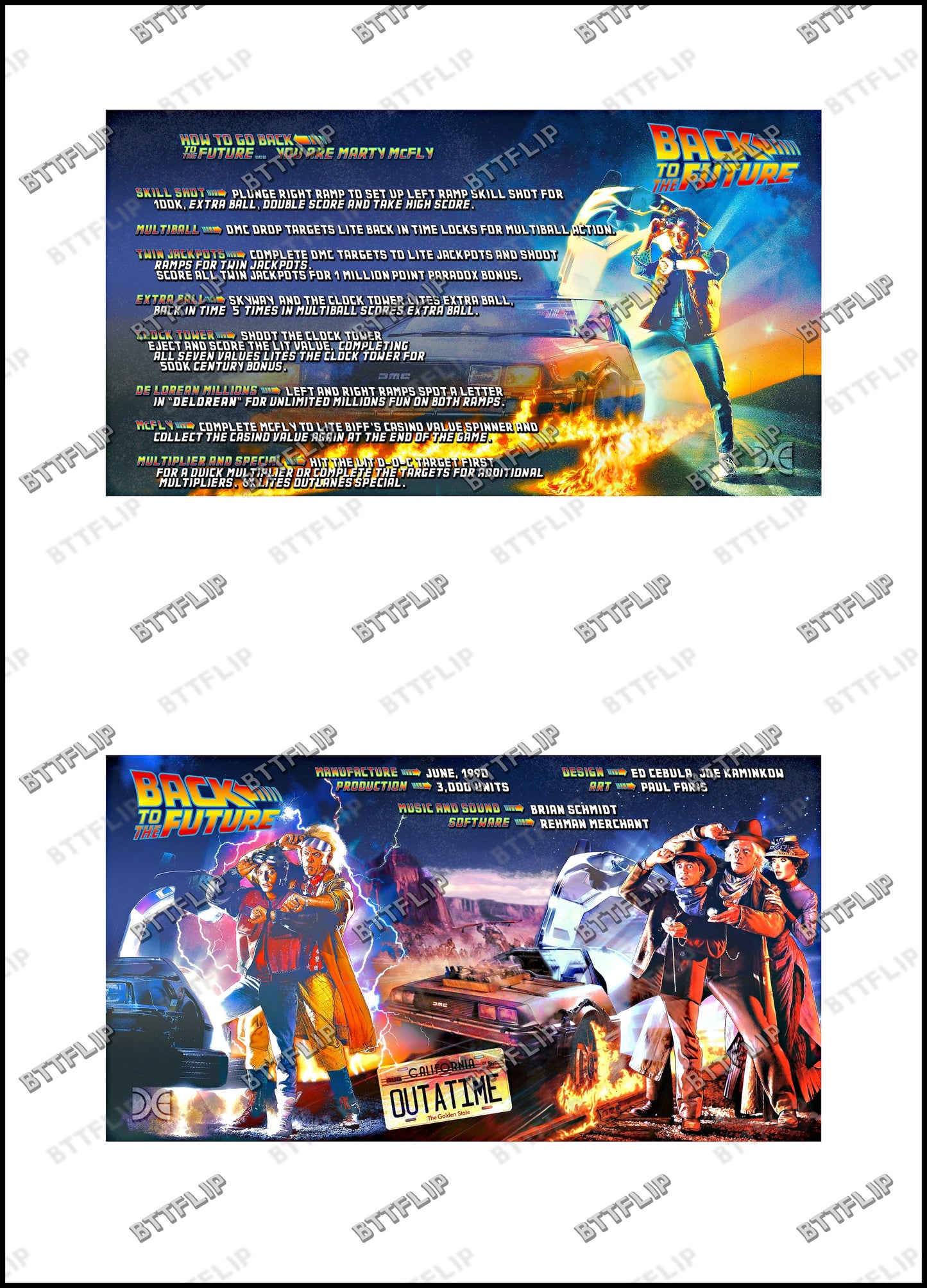 Instrucciones de las tarjetas del juego Data East Back To The Future 1990, delantal personalizado de pinball, reglas impresas