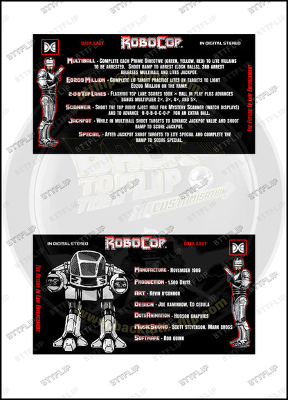 Cartes d'instructions custom apron flipper Data East Robocop 1989 (set de 2)