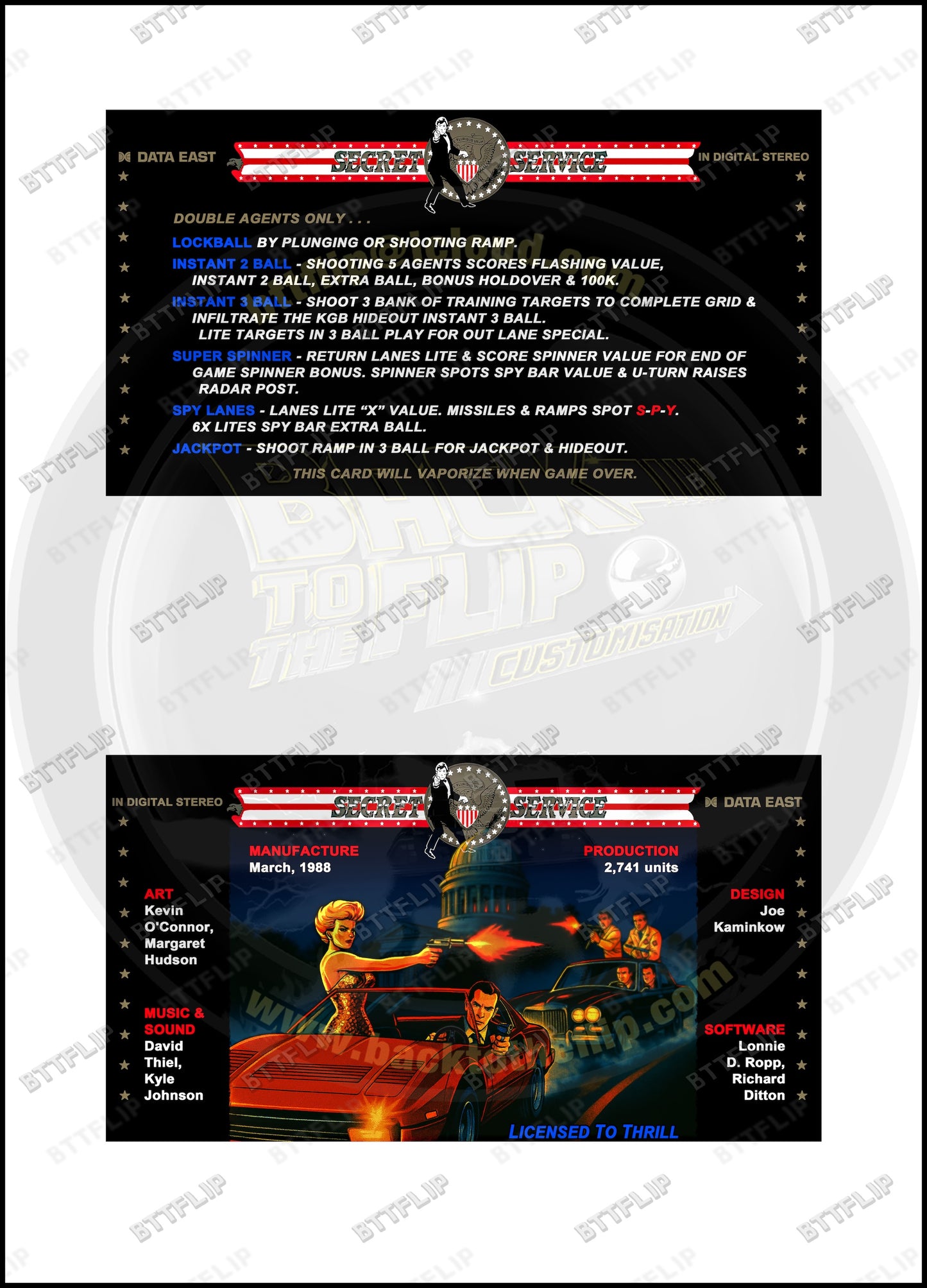 Data East Secret Service 1988 Game Cards Instructions Pinball Custom Apron printed rules