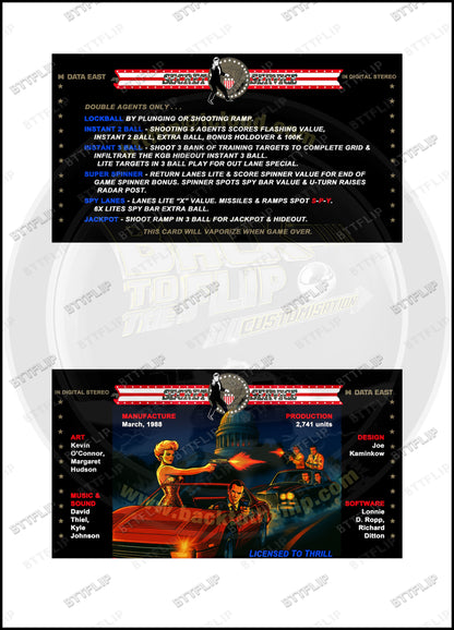 Data East Secret Service 1988 Game Cards Instructions Pinball Custom Apron printed rules