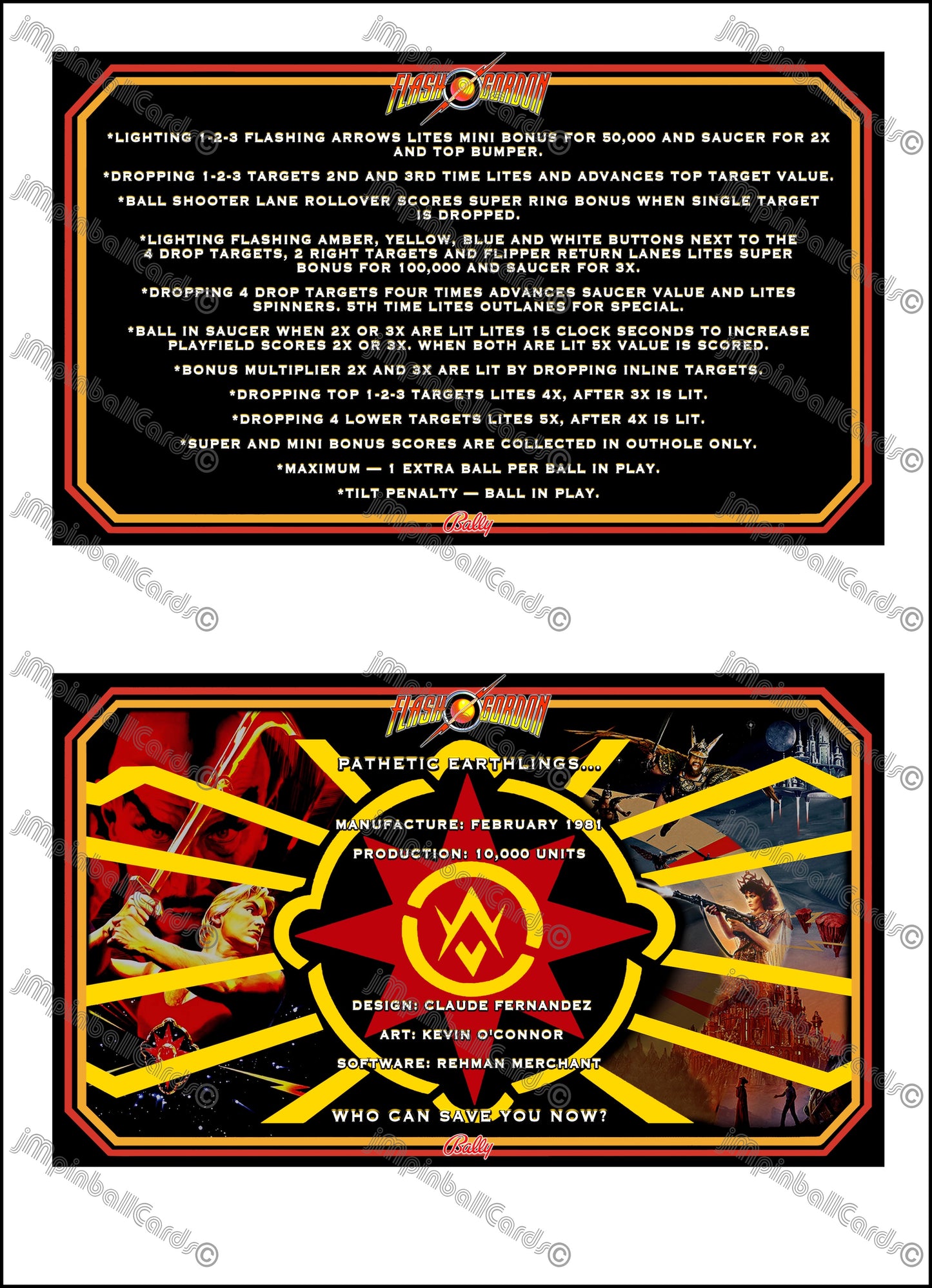 Instrucciones de las tarjetas del juego Bally Flash Gordon 1981, delantal personalizado de pinball, reglas impresas V1 M-1508-96-E