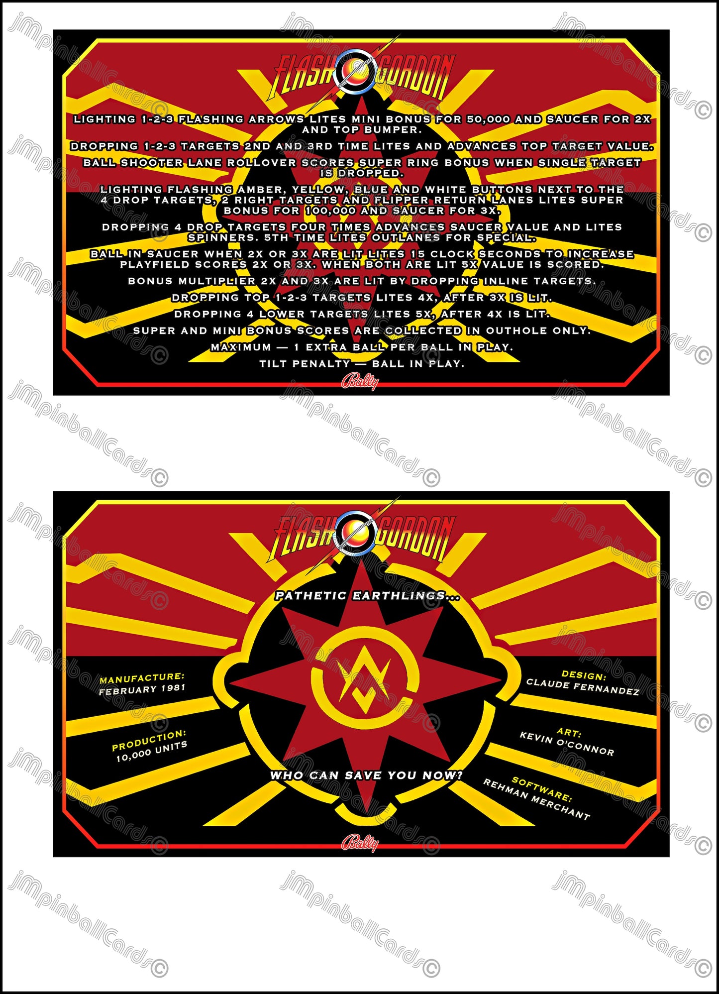 Instrucciones de las tarjetas del juego Bally Flash Gordon 1981, delantal personalizado de pinball, reglas impresas V2 M-1508-96-E
