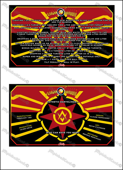 Bally Flash Gordon 1981 Game Cards Instructions Pinball Custom Apron Printed Rules V2 M-1508-96-E