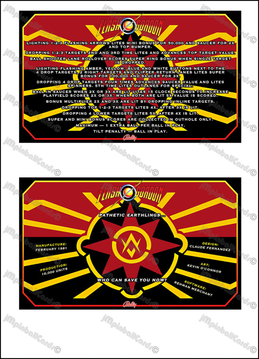 Instrucciones de las tarjetas del juego Bally Flash Gordon 1981, delantal personalizado de pinball, reglas impresas V2 M-1508-96-E