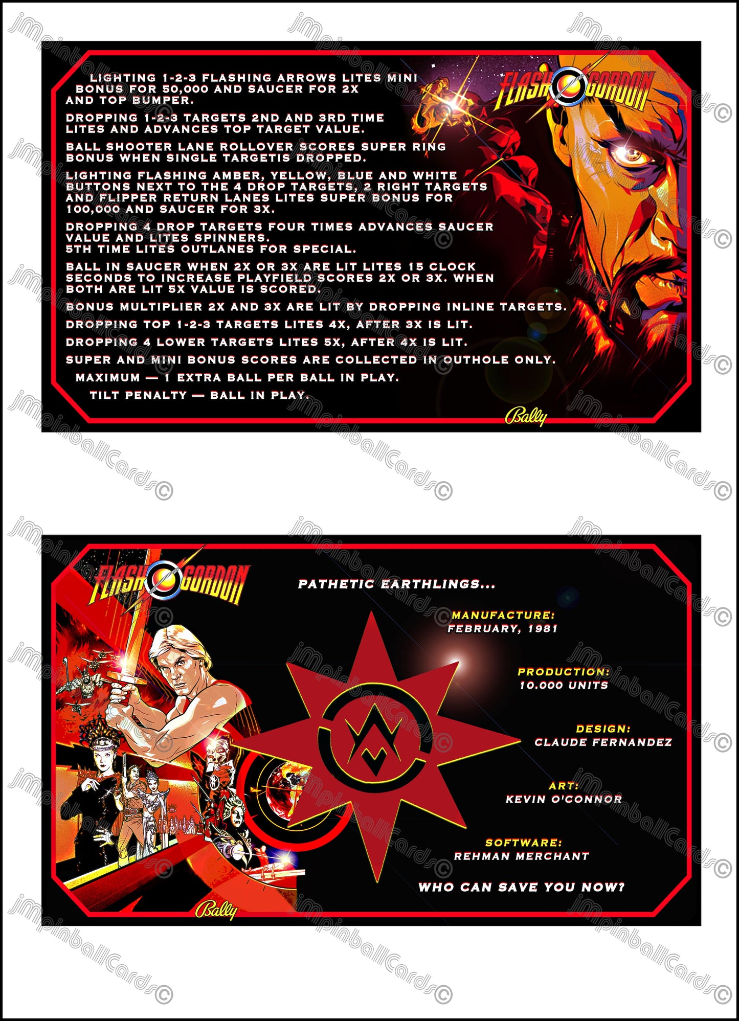 Instrucciones de las tarjetas del juego Bally Flash Gordon 1981, delantal personalizado de pinball, reglas impresas V3 M-1508-96-E