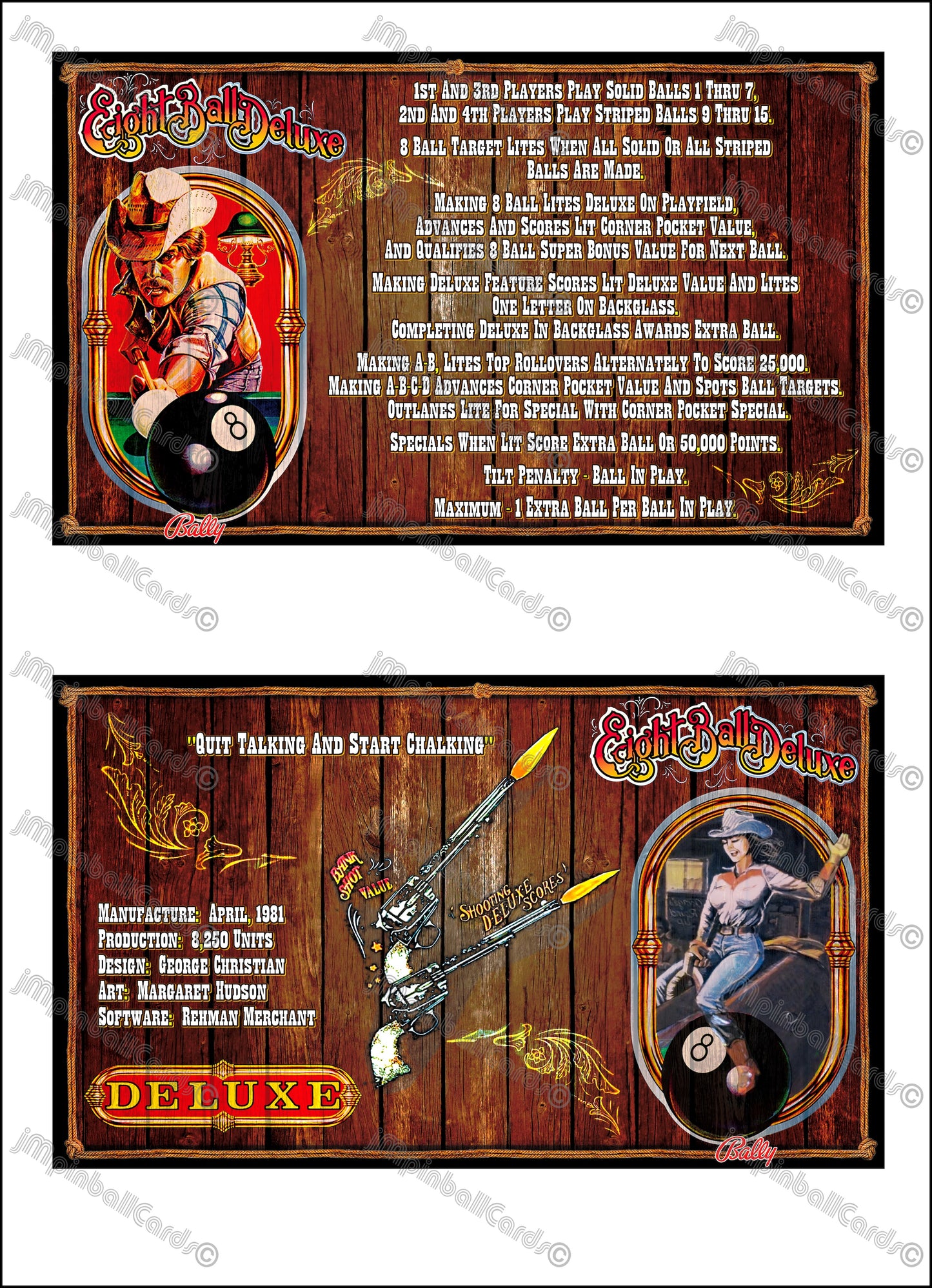 Instrucciones de las tarjetas del juego Bally Eight Ball Deluxe 1981 (F) Pinball Delantal personalizado Reglas impresas M-1508-98F