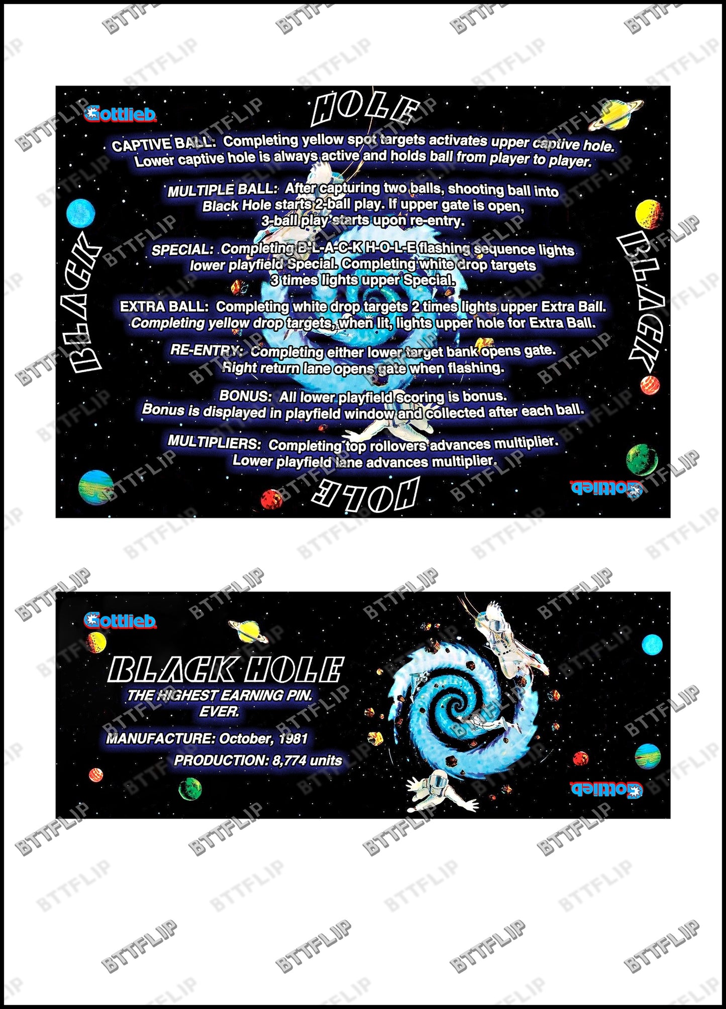 Gottlieb Black Hole 1981 Juego de cartas reglas instrucciones pinball delantal personalizado