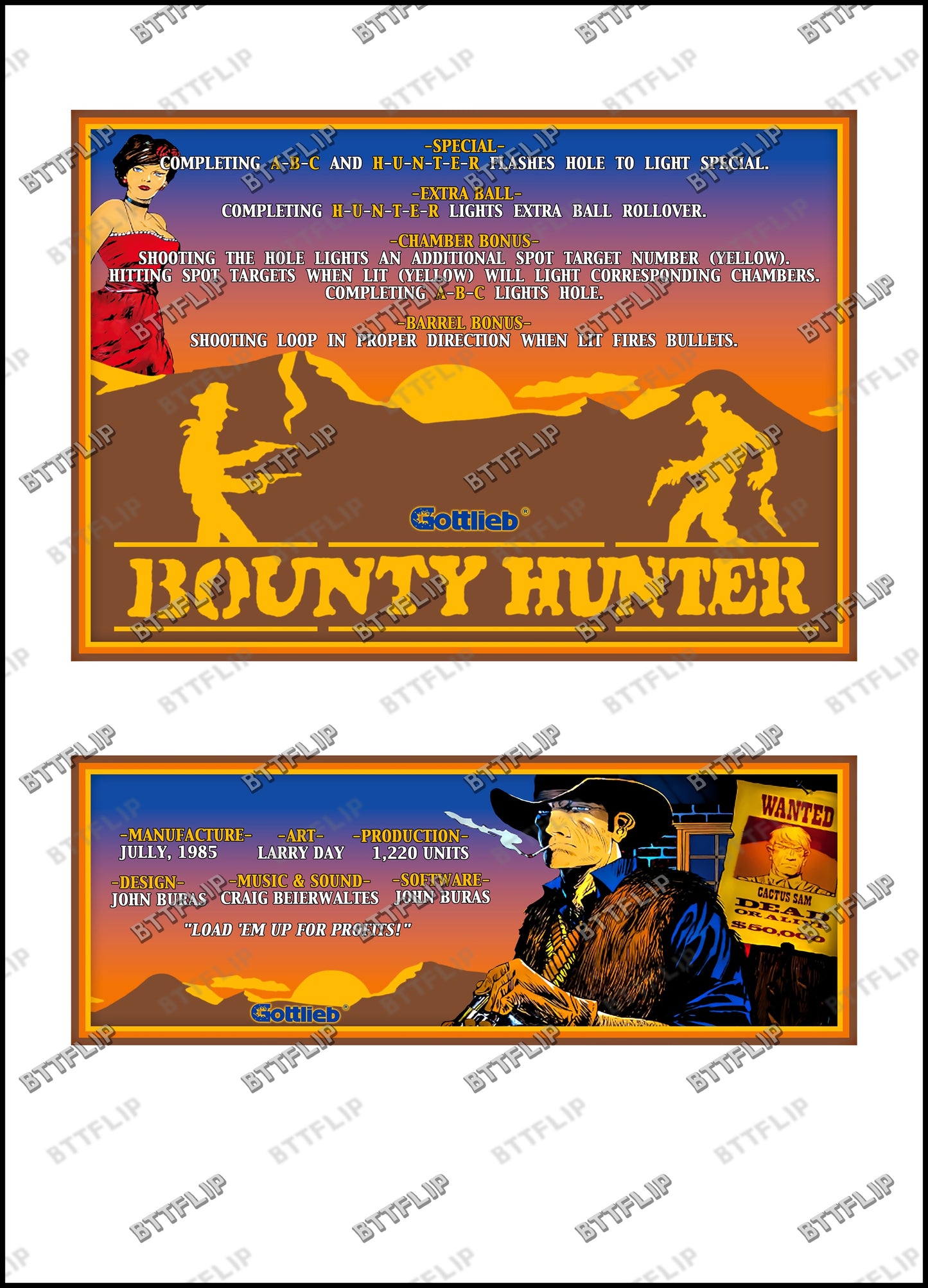 Gottlieb BOUNTY HUNTER 1985 Game Cards Instructions Pinball Custom Apron printed rules