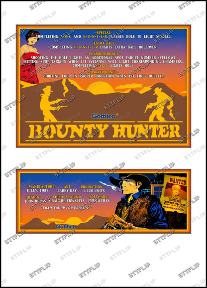 Gottlieb BOUNTY HUNTER 1985 Game Cards Instructions Pinball Custom Apron printed rules