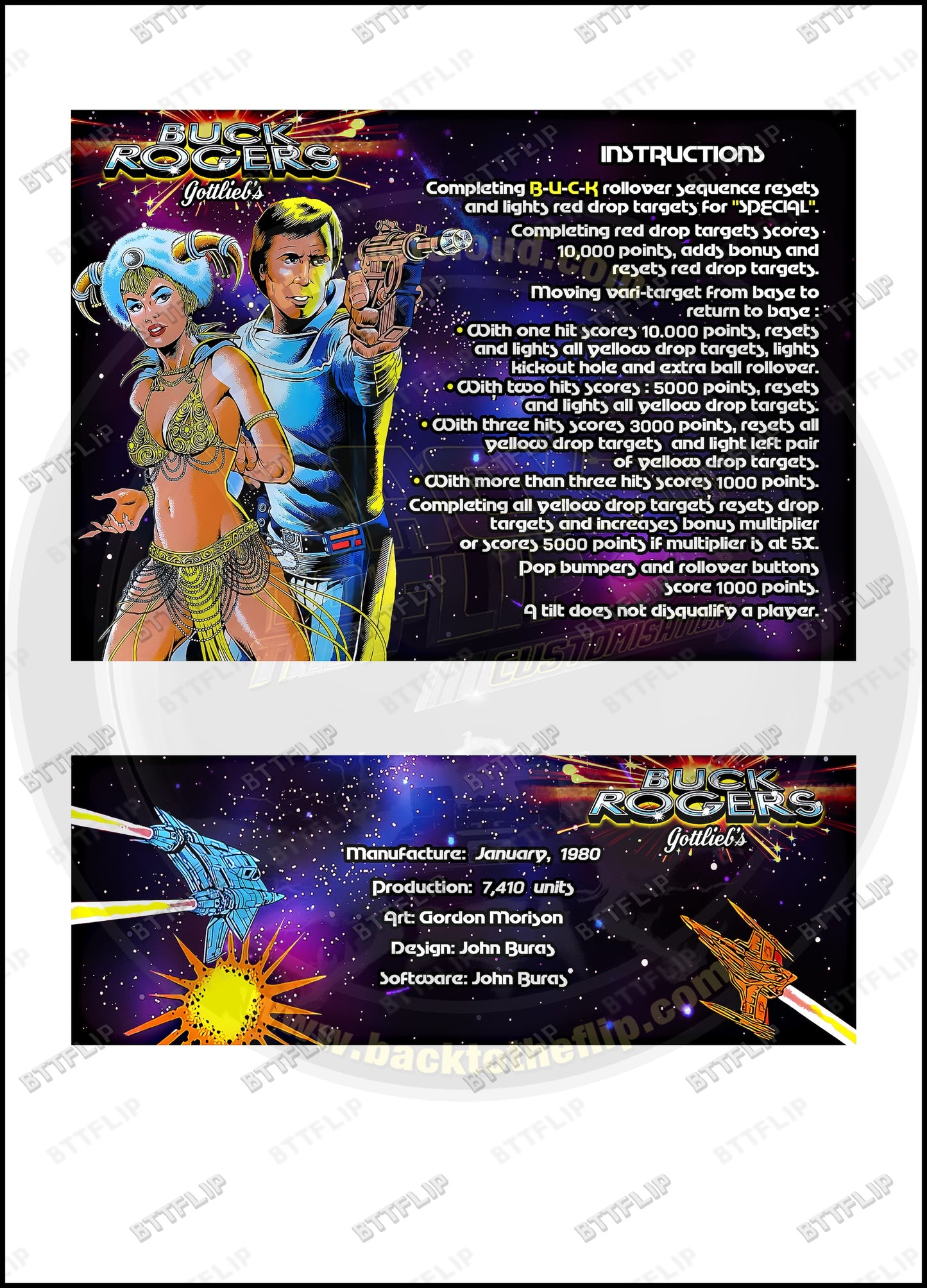 Cartes d'instructions custom apron flipper Gottlieb BUCK ROGERS 1980 (set de 2)