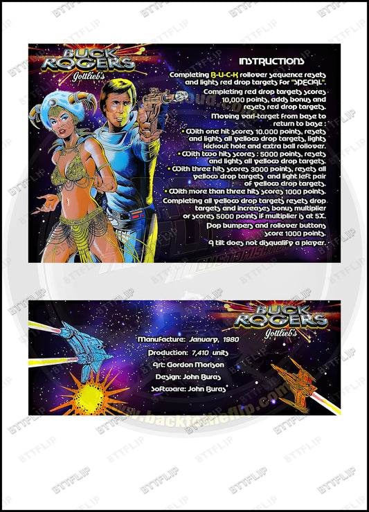 Cartes d'instructions custom apron flipper Gottlieb BUCK ROGERS 1980 (set de 2)