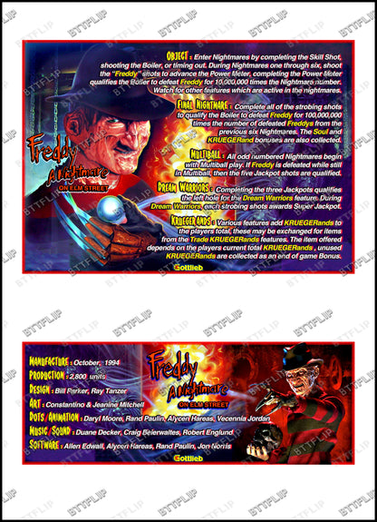 Gottlieb FREDDY A Nightmare On Elm Street 1994 Game Cards Rules Instructions Pinball Custom Apron