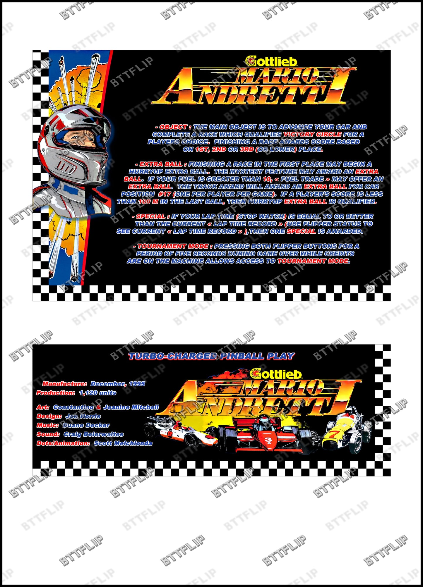 Gottlieb Mario Andretti 1995 Juego Cartas reglas Instrucciones Pinball Custom Delantal