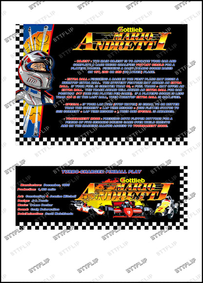 Gottlieb Mario Andretti 1995 Juego Cartas reglas Instrucciones Pinball Custom Delantal