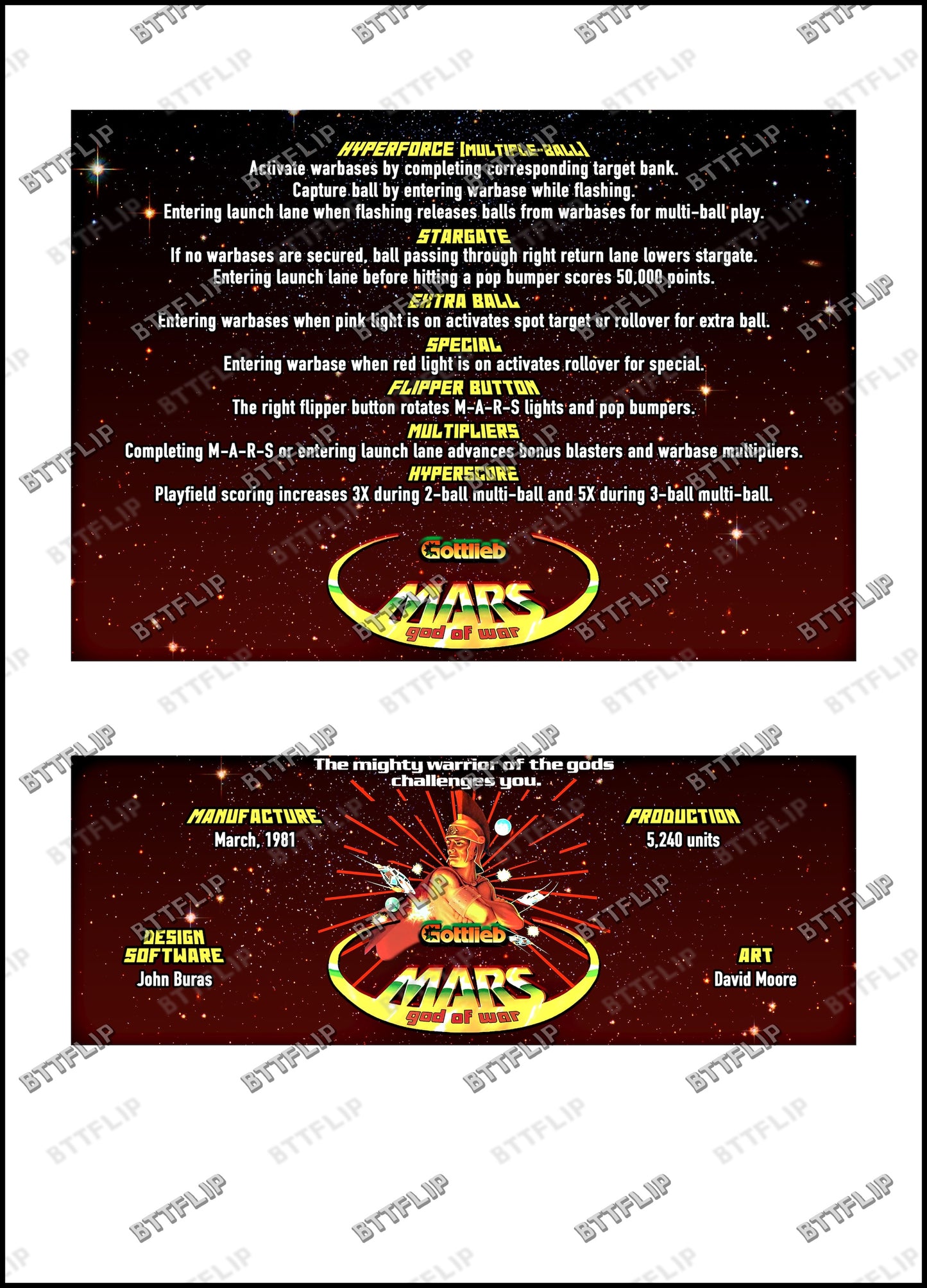 Gottlieb Mars God Of War 1981 Card Game Rules Instructions Pinball Custom Apron
