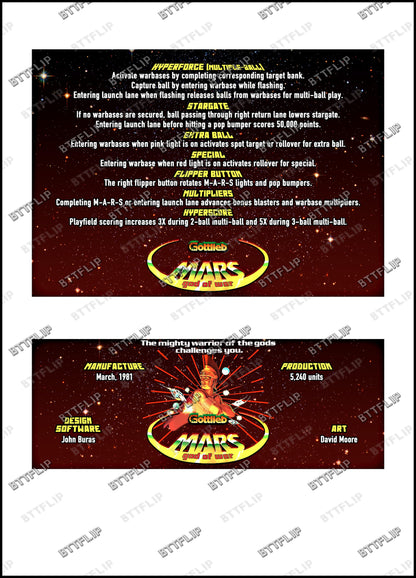 Gottlieb Mars God Of War 1981 Card Game Rules Instructions Pinball Custom Apron
