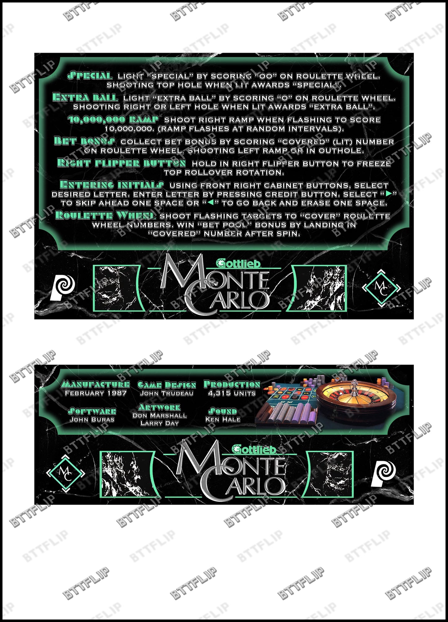 Gottlieb Monte Carlo 1987 Jeu Cartes règles Instructions Flipper Custom Apron