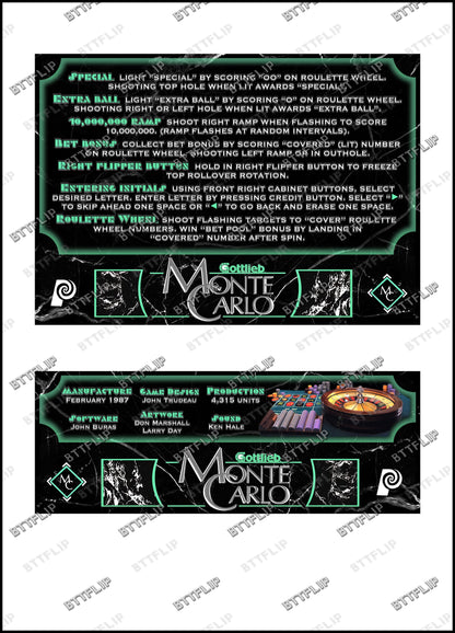 Gottlieb Monte Carlo 1987 Jeu Cartes règles Instructions Flipper Custom Apron